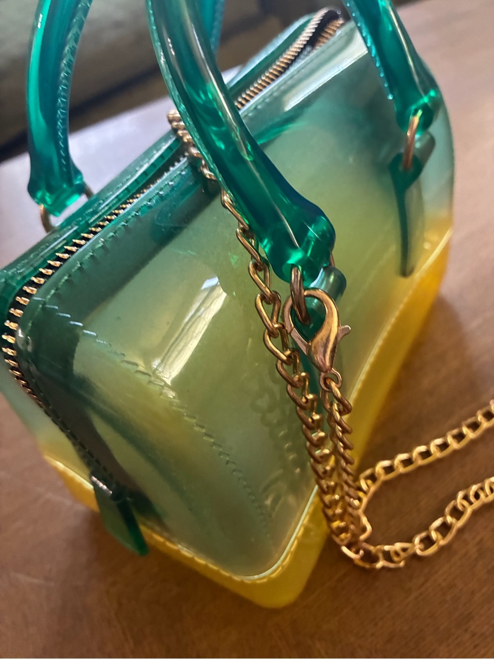 Clear Ombre Teal-to-Yellow Mini Crossbody Bag with Gold Chain - Picture 2 of 6